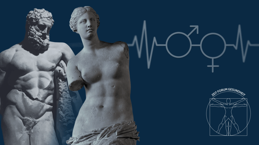 eine männliche Statue und ein weibliche Statue, neben ihnen ist ein EKG zu sehen, in dem die Symbole für maskulin und feminin auftauchen