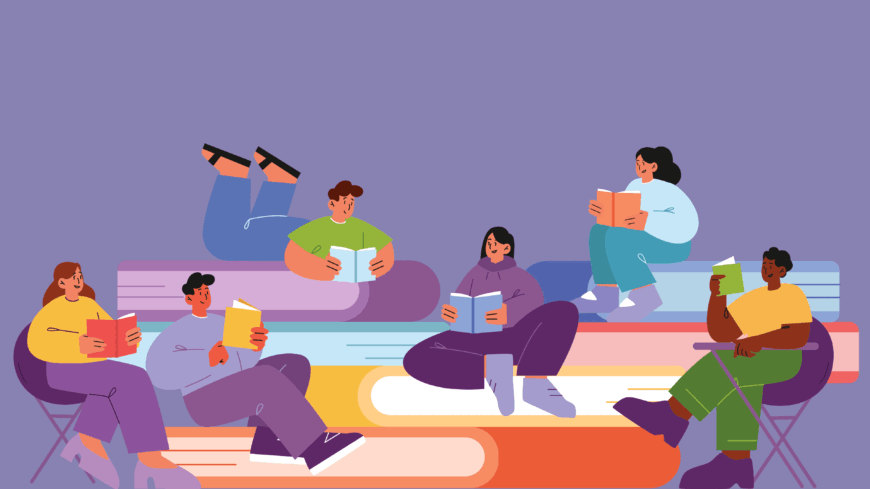 Figuren auf einem lila Hintergrund, sie sliegen und sitzen auf enromren Büchern und lesen. Ein paar von ihnen wippen mit dem Fuß.