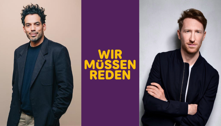 Logo von "Wir müssen reden" zwischen Portrait von Sascha Chaimowicz und Louis Klamroth