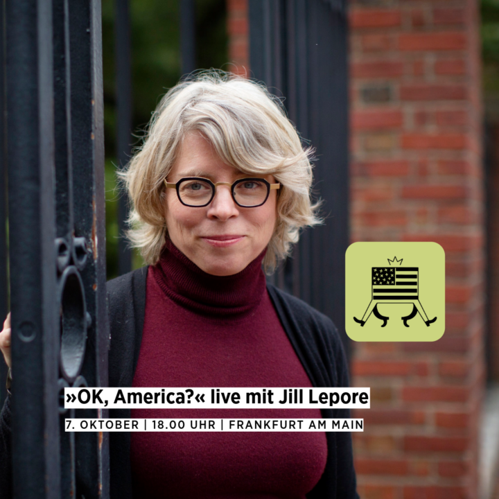 ein farbiges Portrait der U.S.-amerikanischen Historikerin Jill Lepore, sie trägt einen burgunderfarbenen Pullover und trägt einen Bob.