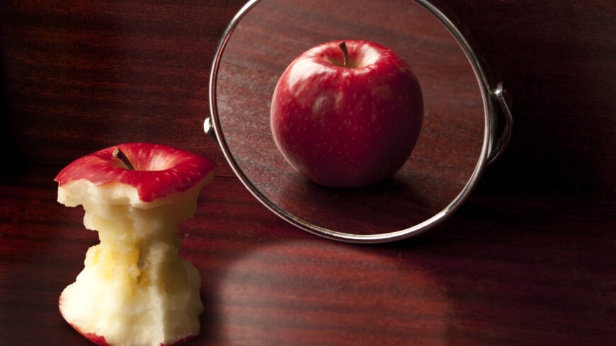 Das Bild zeigt einen abgeknabberten Apfel, der vor einem Spiegel steht und in dem Spiegel einen prallen roten Apfel sieht.
